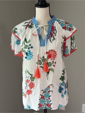 Cottagecore Floral Tassel Front Tie Blouse Cloud Flutter Ruffle Sleeves Granola